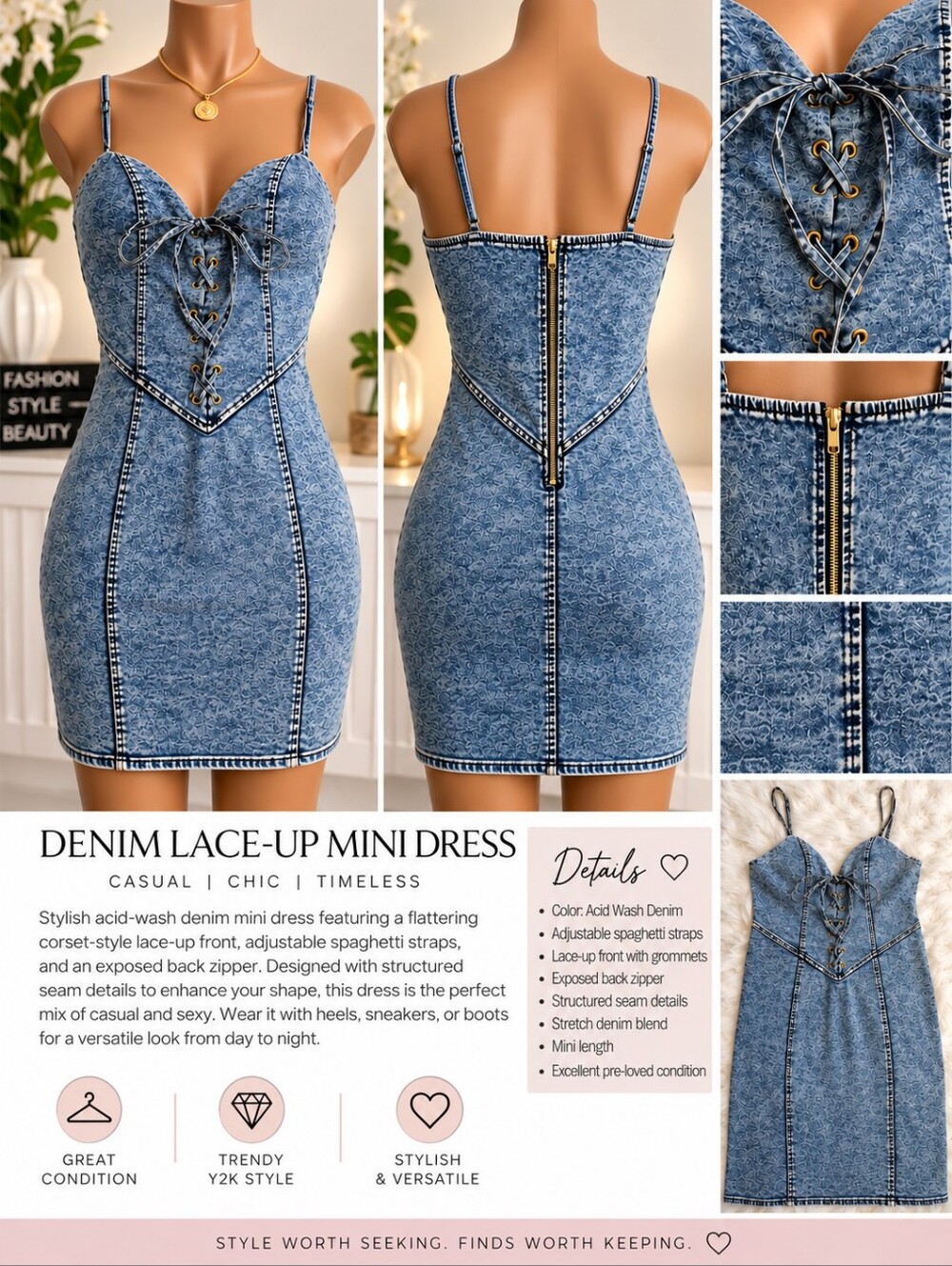 Acid Wash Denim Corset Lace-Up Bodycon Mini Dress Size Large